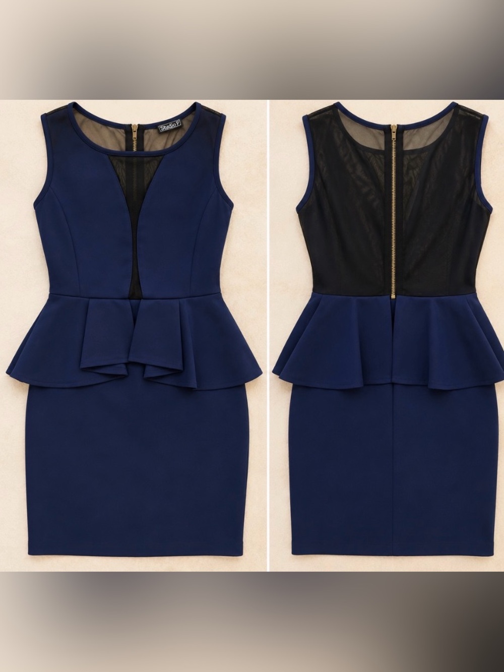 Sleeveless Navy Peplum Mini Dress with Black Mesh Back
